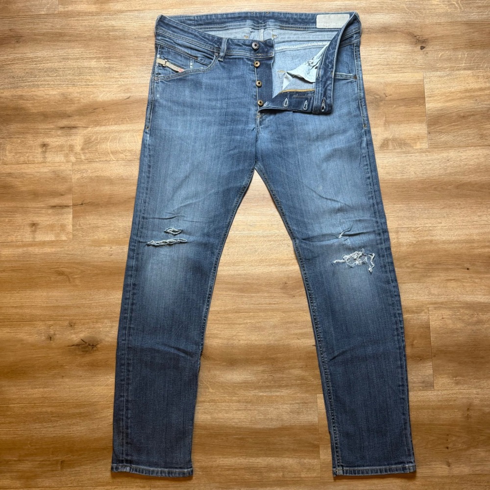 Diesel Belther Jeans Mens 36x32 Blue Slim Tapered Stretch Distressed Button Fly